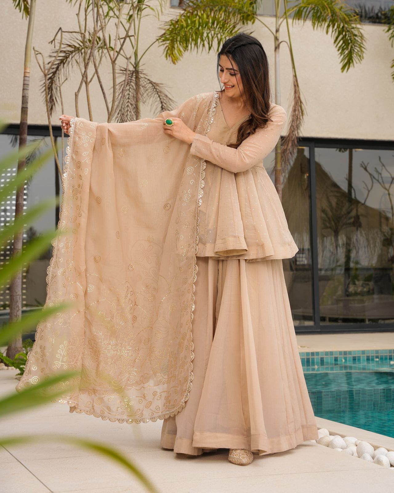 House of Rivanya Beige Tabby Organza Mukesh Work Palazzo Suit Set with Dupatta