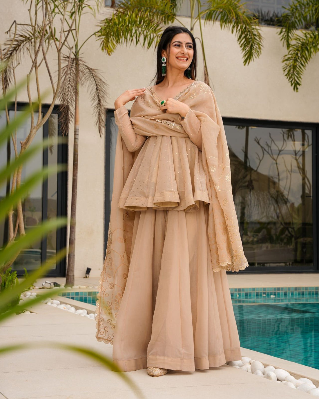 Beige Organza Palazzo Set