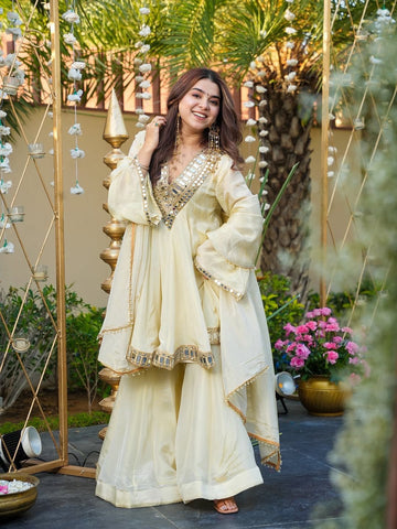 Premium Cream Mirror Work Sharara Palazzo Suit with Dupatta