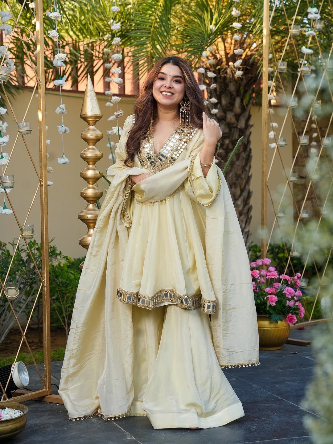 Premium Cream Mirror Work Sharara Palazzo Suit with Dupatta