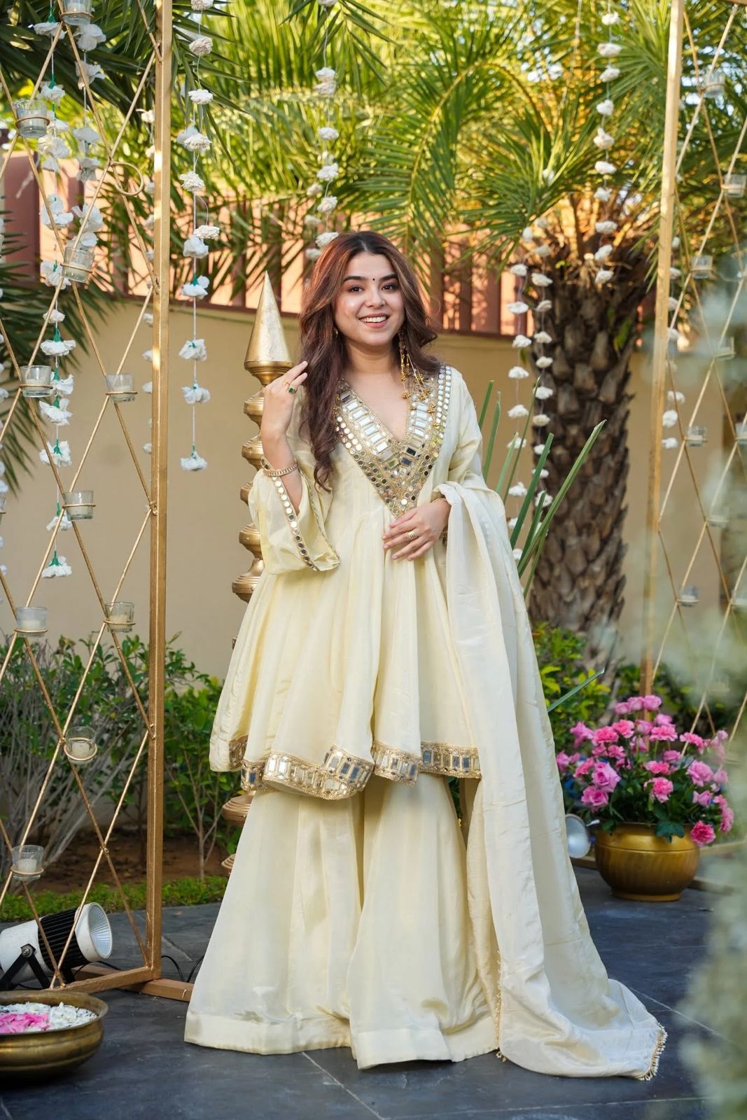 Premium Cream Mirror Work Sharara Palazzo Suit with Dupatta
