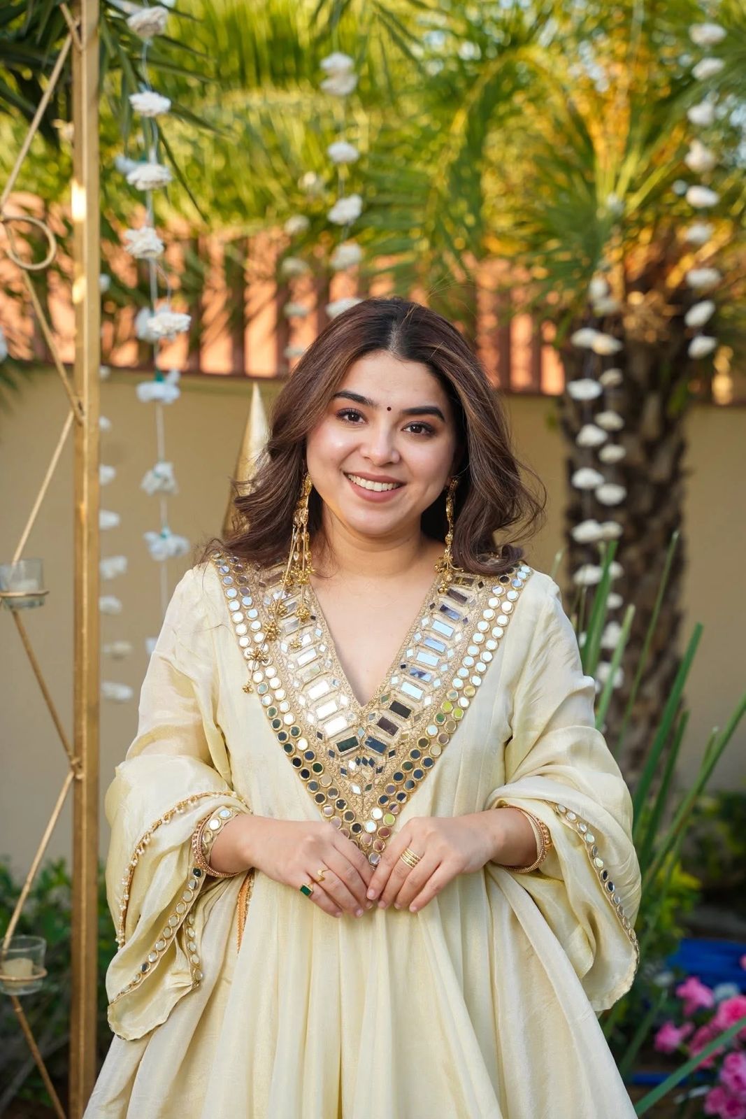 Premium Cream Mirror Work Sharara Palazzo Suit with Dupatta