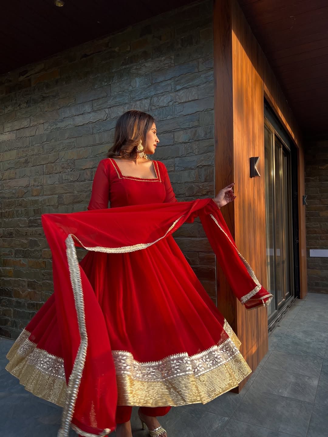 Women's Ruby Red Georgette Anarkali Suit Set with Gold Embroidered Border & Dupatta