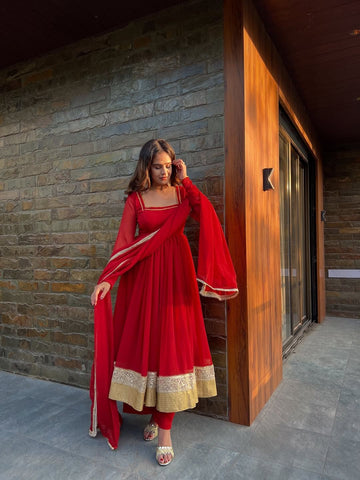 Women's Ruby Red Georgette Anarkali Suit Set with Gold Embroidered Border & Dupatta