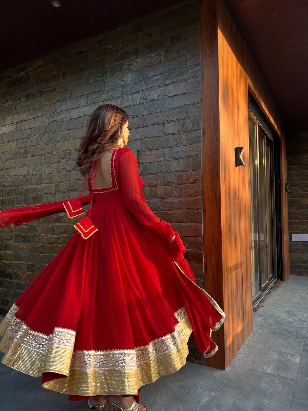 Women's Ruby Red Georgette Anarkali Suit Set with Gold Embroidered Border & Dupatta