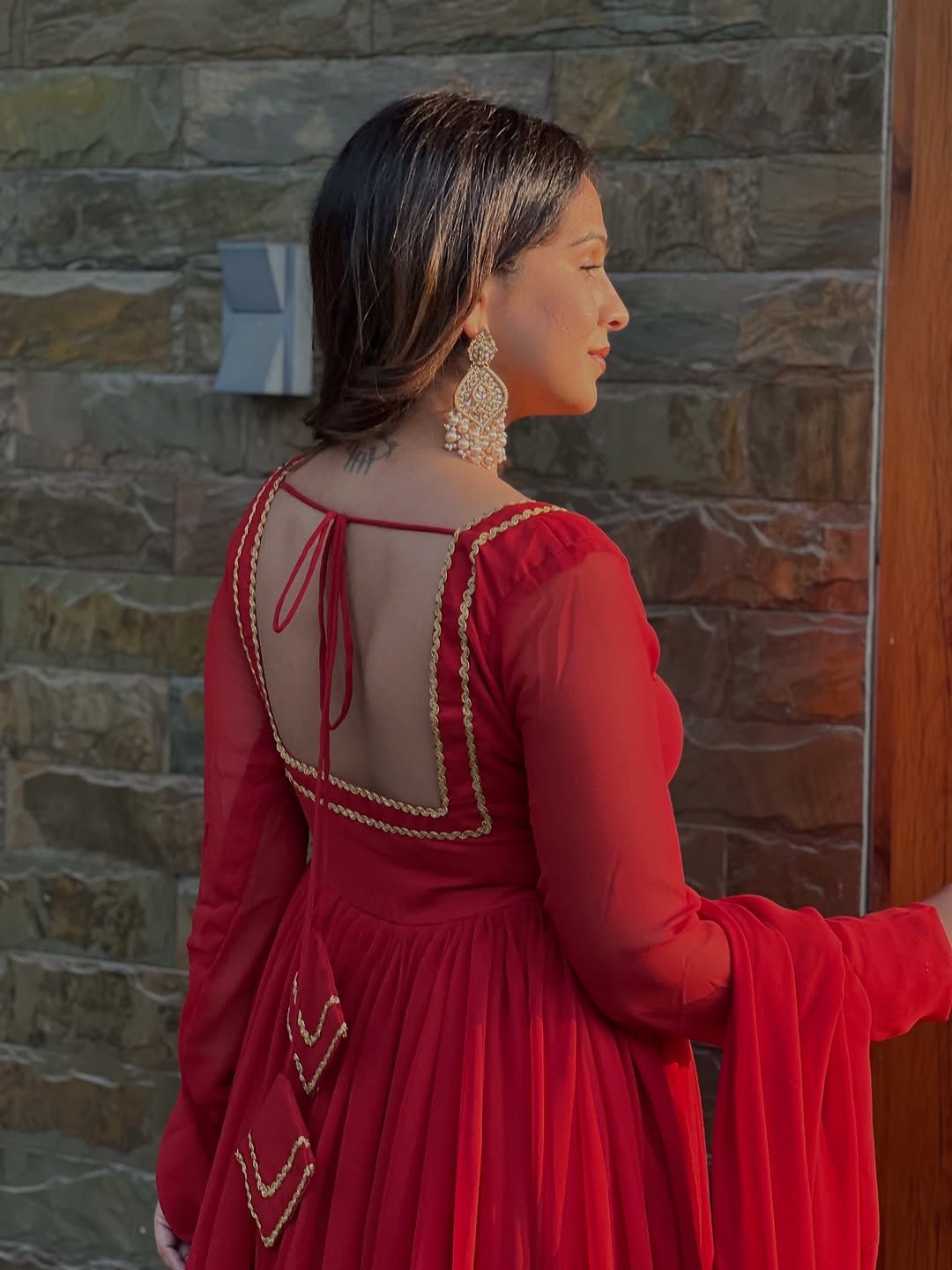 Women's Ruby Red Georgette Anarkali Suit Set with Gold Embroidered Border & Dupatta