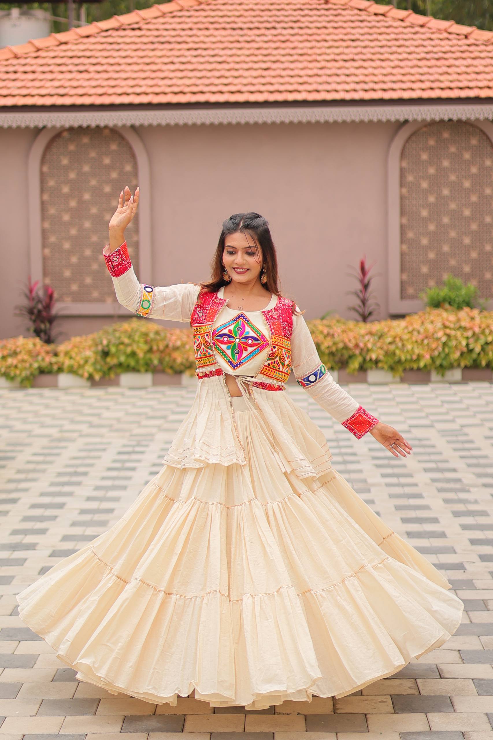 House of Rivanya Navratri Special Pure Cotton Gamthi Work Lehenga Choli with Embroidered Koti – 9 Meter Flair