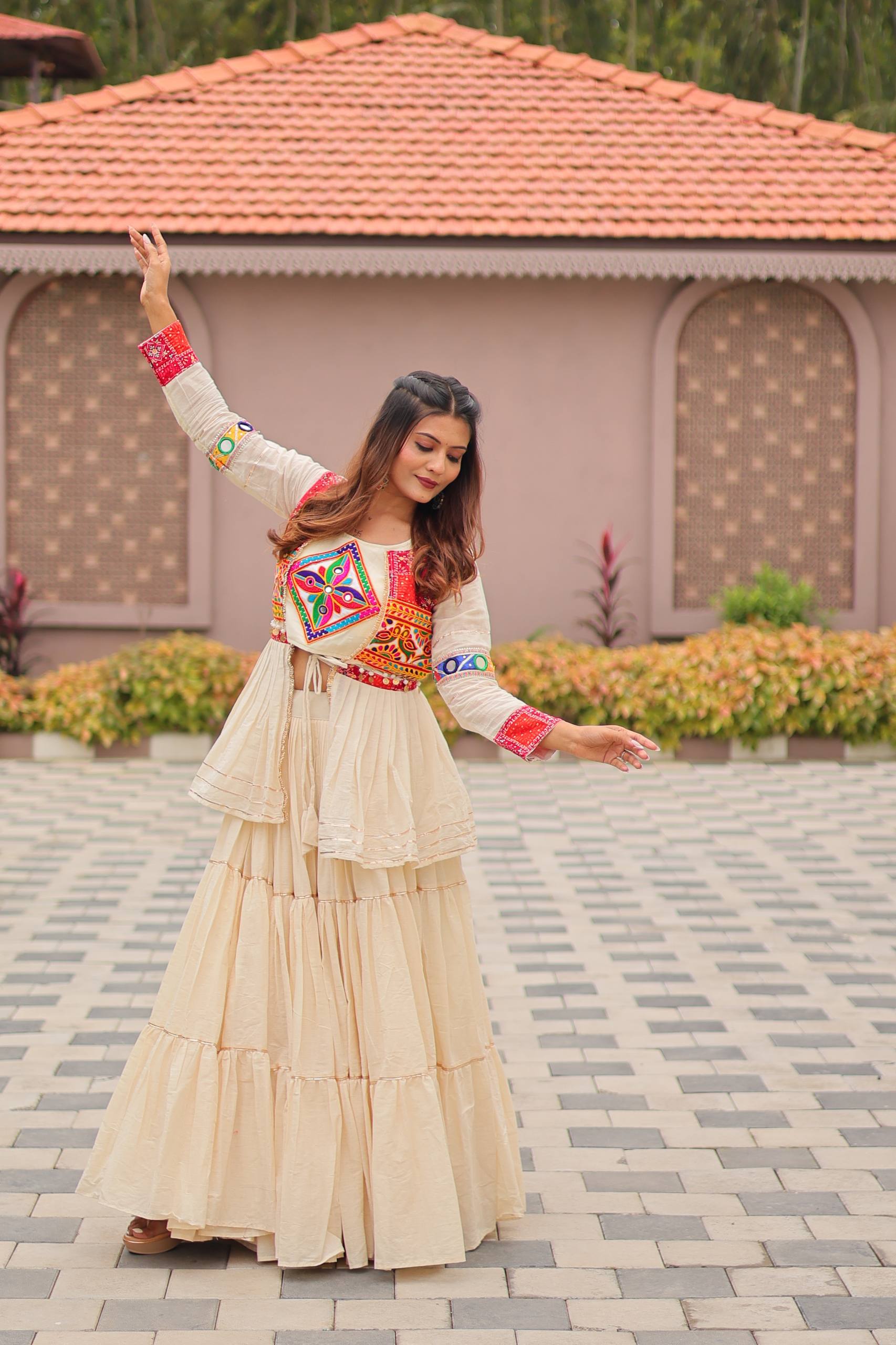 House of Rivanya Navratri Special Pure Cotton Gamthi Work Lehenga Choli with Embroidered Koti – 9 Meter Flair