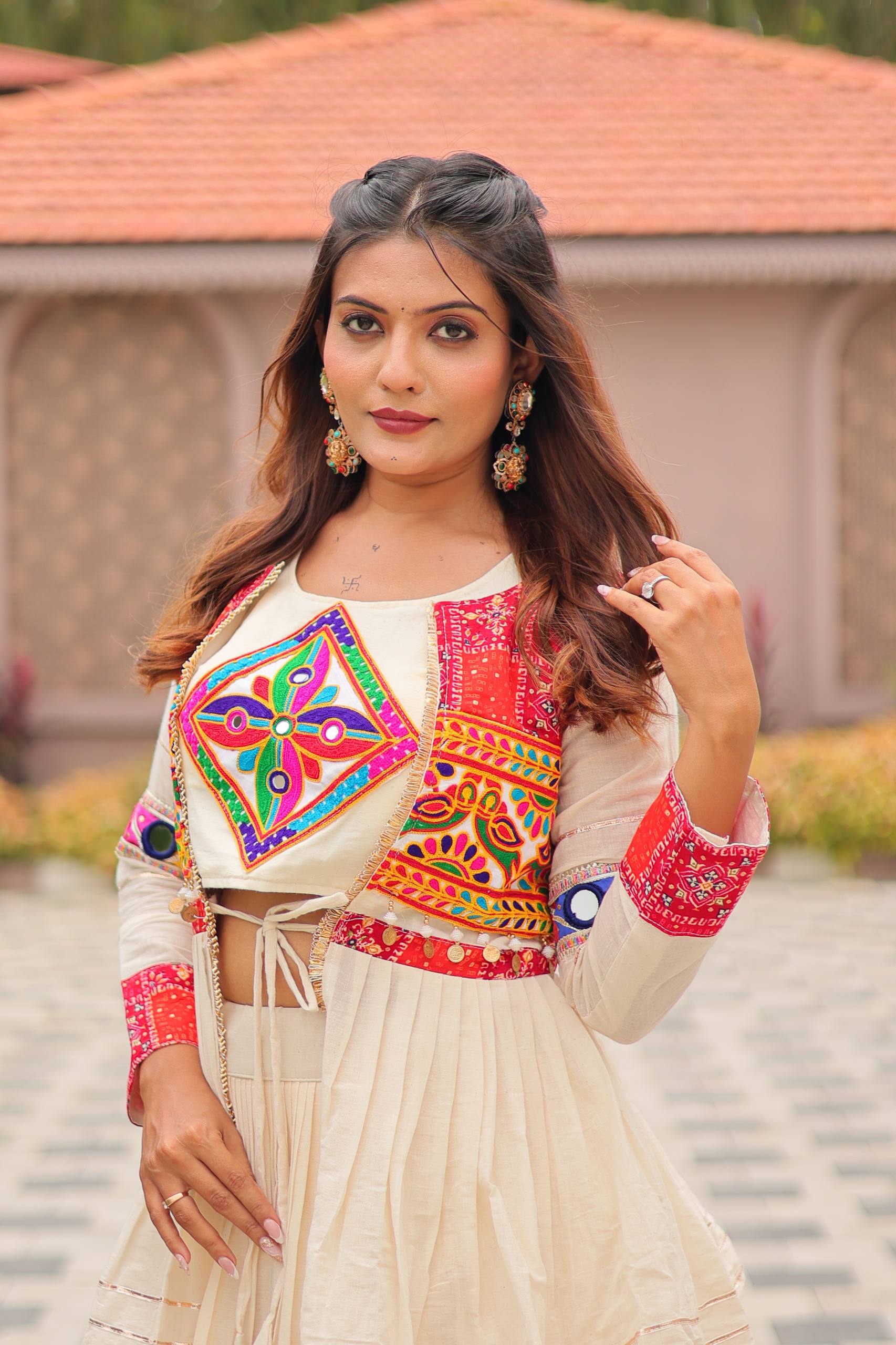 House of Rivanya Navratri Special Pure Cotton Gamthi Work Lehenga Choli with Embroidered Koti – 9 Meter Flair