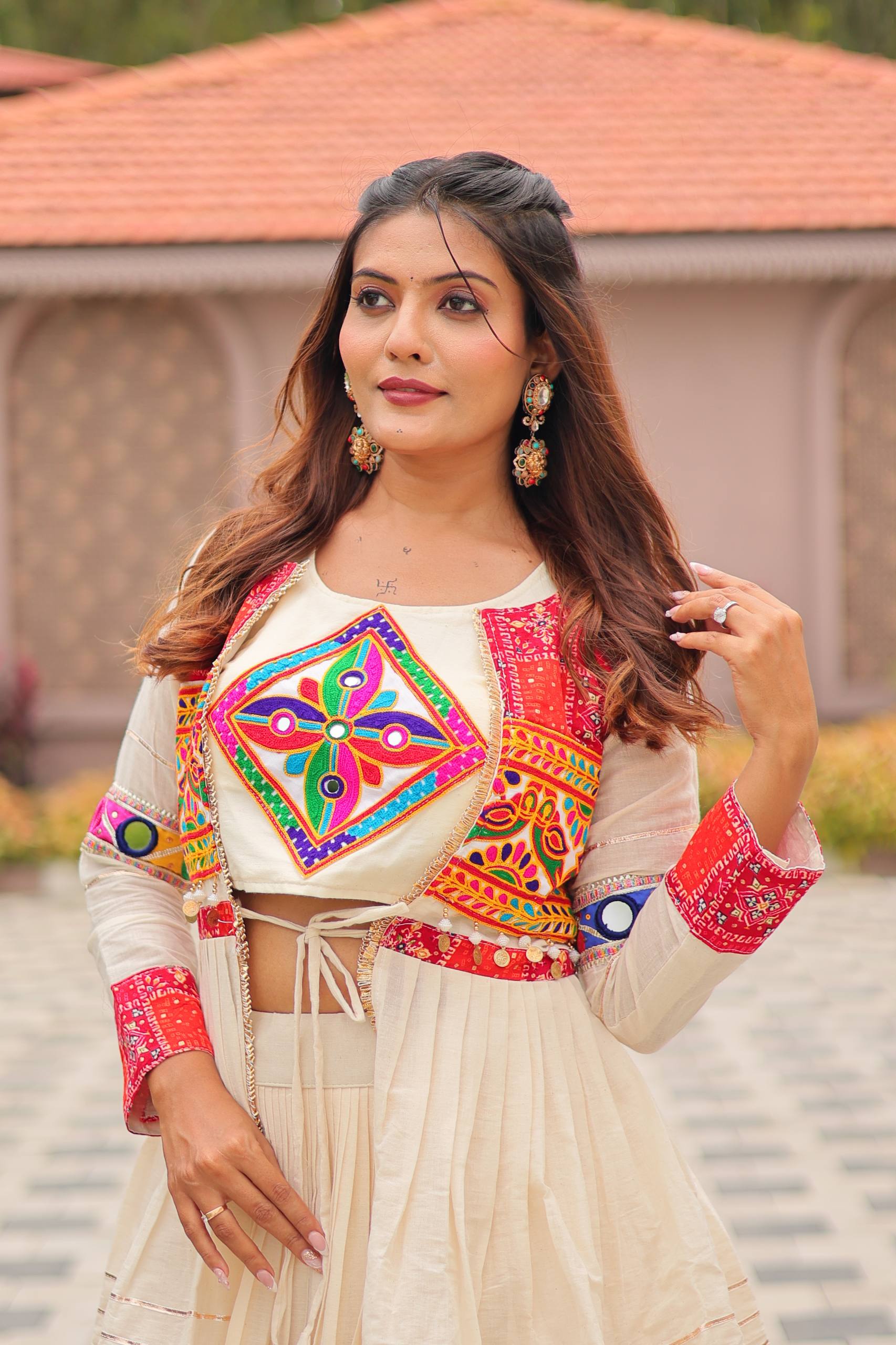 House of Rivanya Navratri Special Pure Cotton Gamthi Work Lehenga Choli with Embroidered Koti – 9 Meter Flair