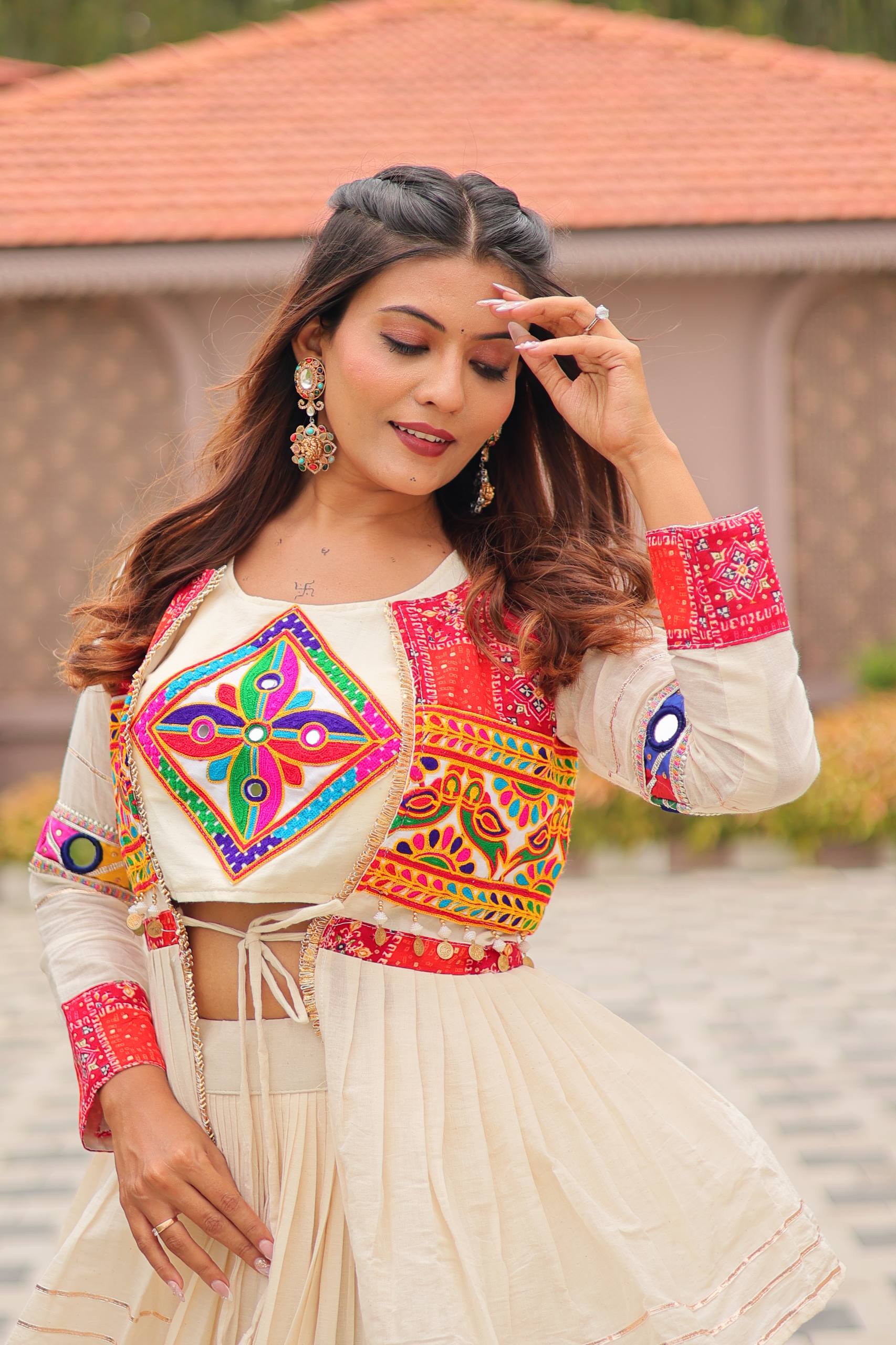 House of Rivanya Navratri Special Pure Cotton Gamthi Work Lehenga Choli with Embroidered Koti – 9 Meter Flair