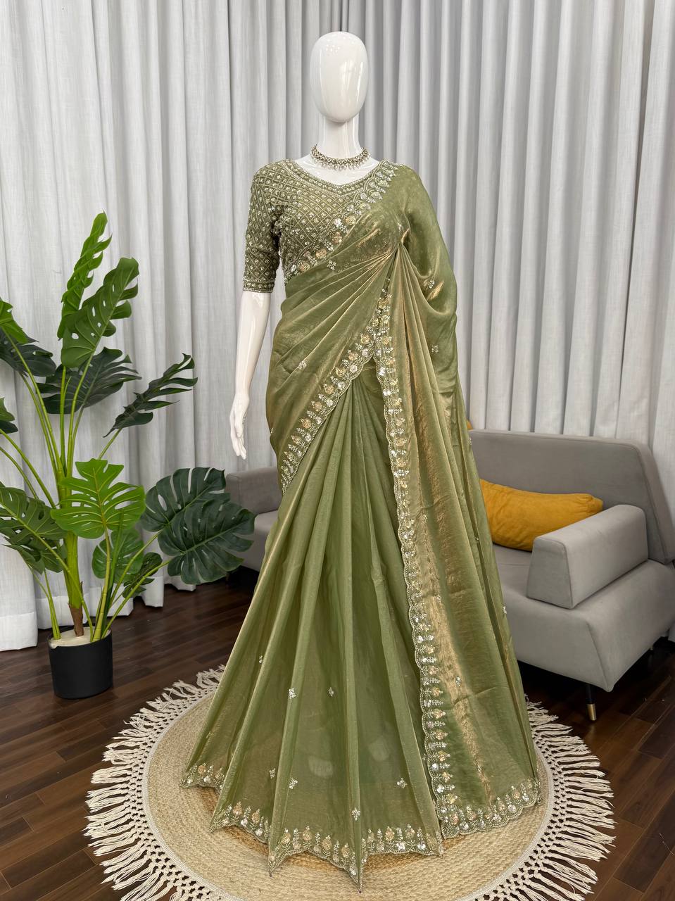 Designer Olive Green Embroidered Saree with Heavy Sequence Work Blouse | House of Rivanya