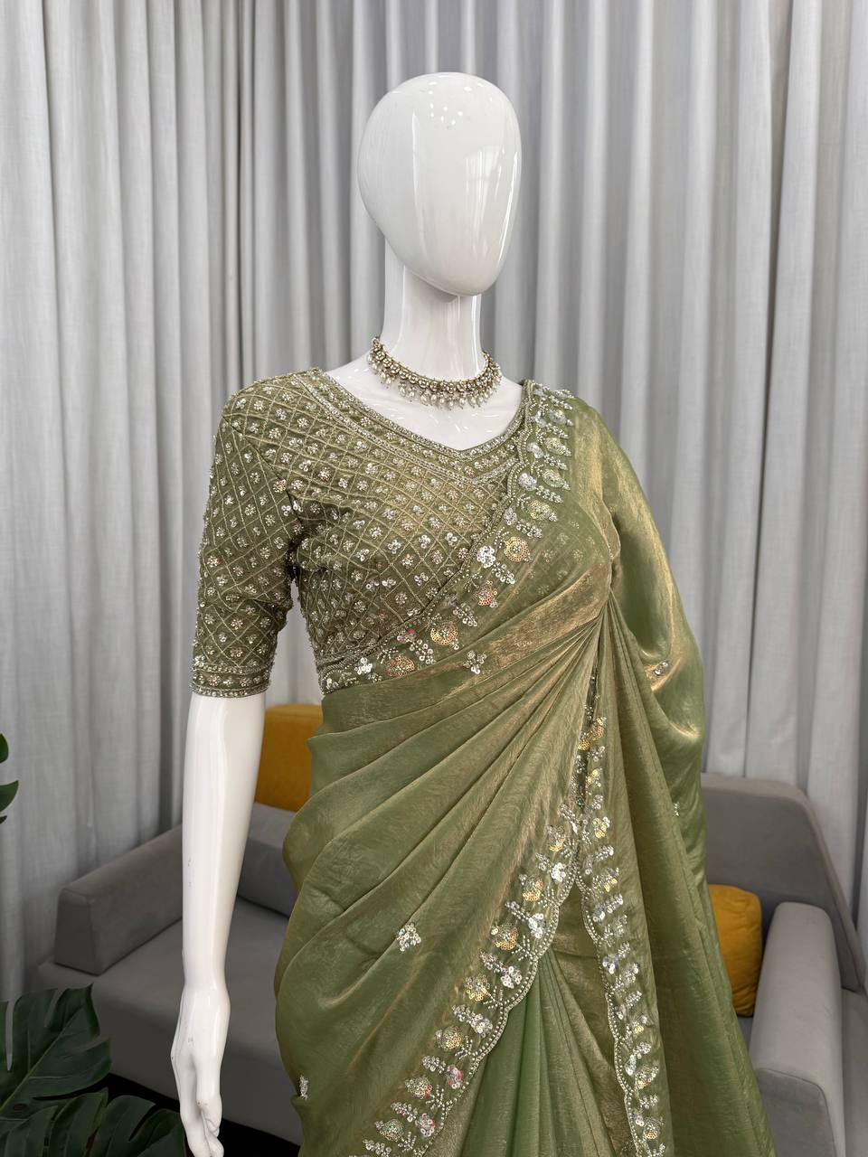 Designer Olive Green Embroidered Saree with Heavy Sequence Work Blouse | House of Rivanya