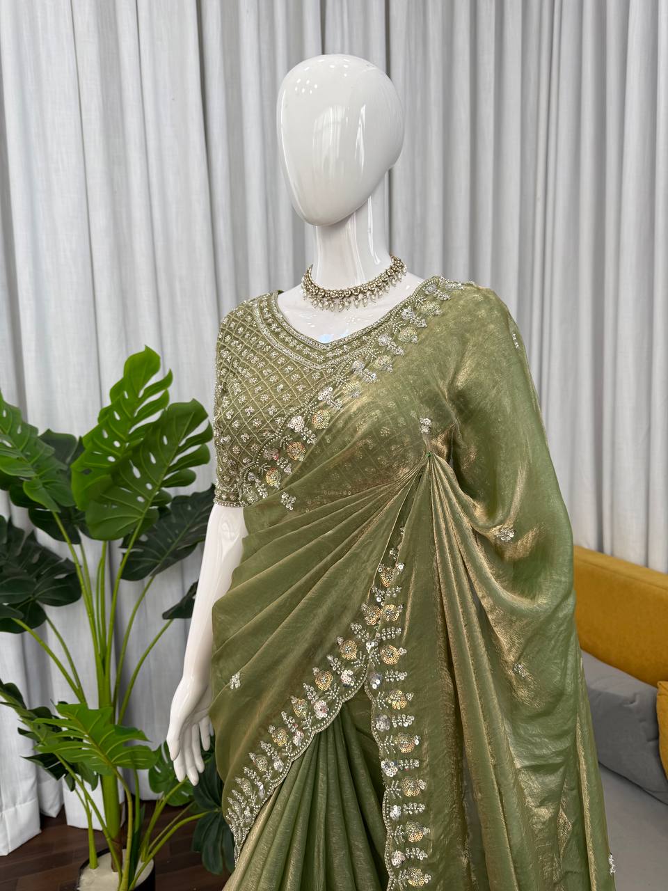 Designer Olive Green Embroidered Saree with Heavy Sequence Work Blouse | House of Rivanya