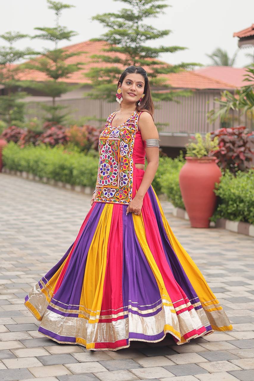 Navratri Special Multicolor Gamthi Work Lehenga Choli with Mirror Embroidery