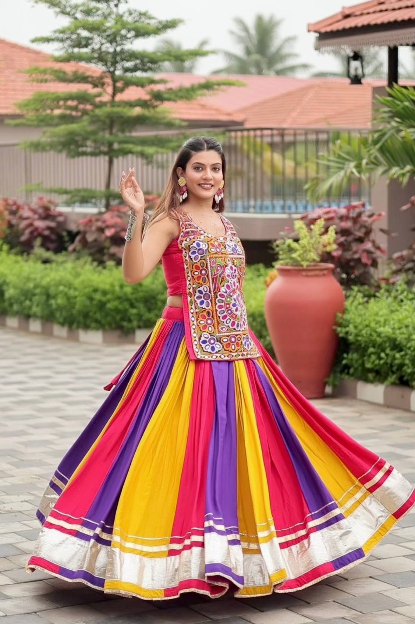 Navratri Special Multicolor Gamthi Work Lehenga Choli with Mirror Embroidery