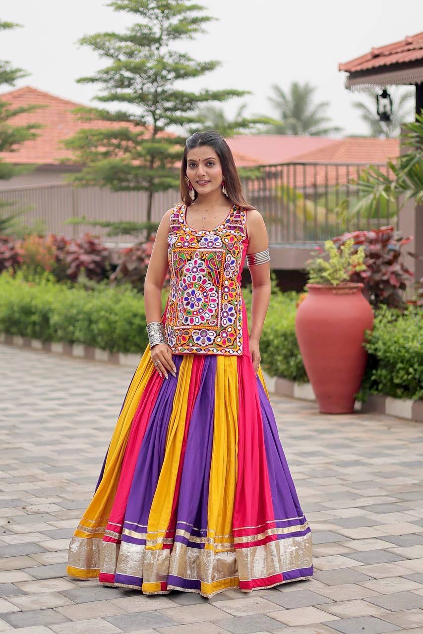 Navratri Special Multicolor Gamthi Work Lehenga Choli with Mirror Embroidery