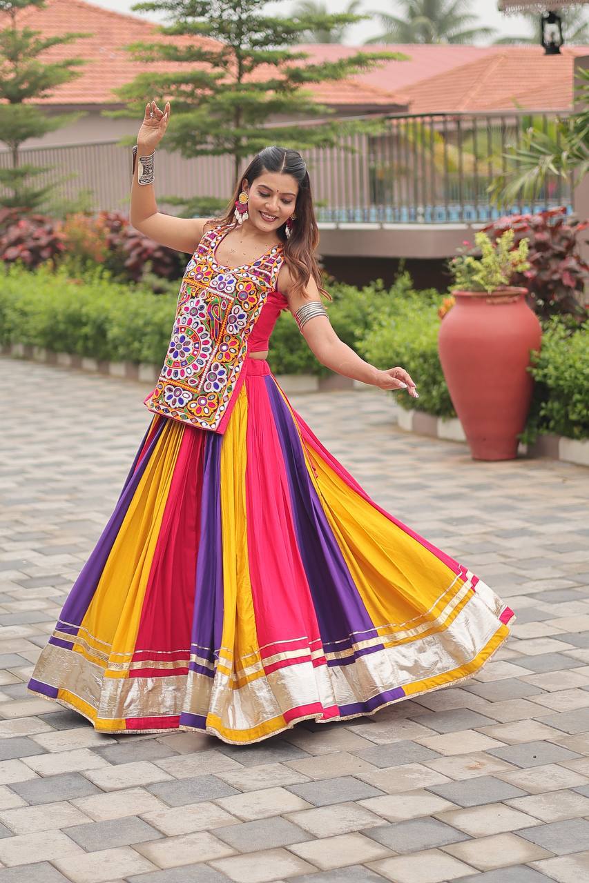 Navratri Special Multicolor Gamthi Work Lehenga Choli with Mirror Embroidery