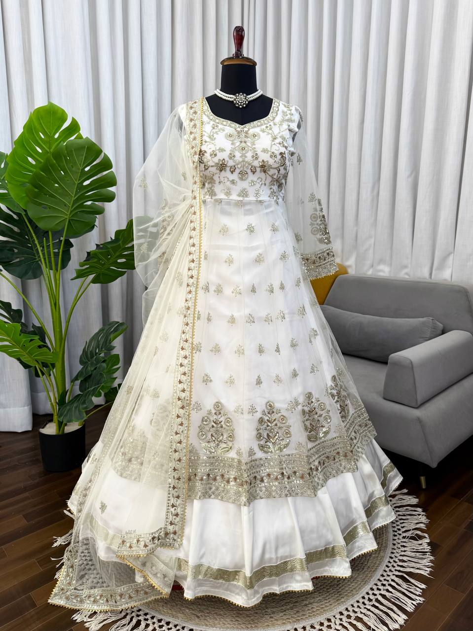 White Anarkali Lehenga Set