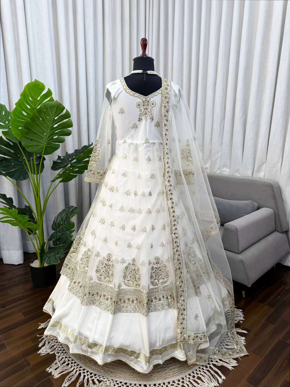 Designer White Heavy Embroidered Anarkali Lehenga Set with Net Dupatta | House of Rivanya