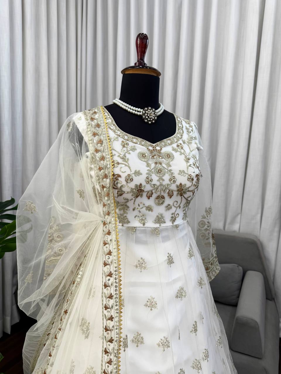 Designer White Heavy Embroidered Anarkali Lehenga Set with Net Dupatta | House of Rivanya