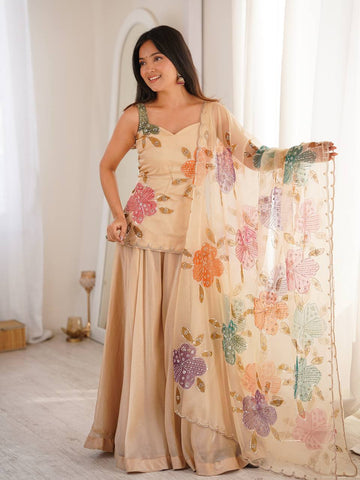 Luxury Beige Ethnic Palazzo Suit Set for Women | House of Rivanya
