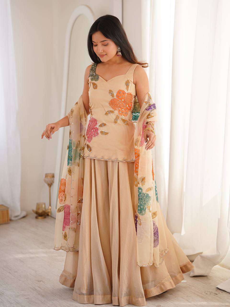 Luxury Beige Ethnic Palazzo Suit Set for Women | House of Rivanya