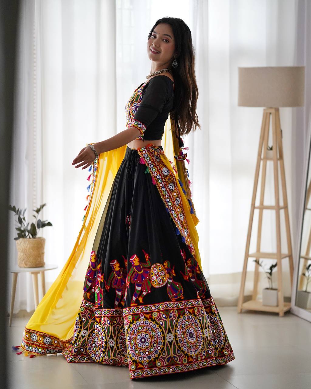 Black Navratri Lehenga Choli with Multicolor Kutchi Embroidery & Yellow Dupatta | Traditional Garba Outfit for Women