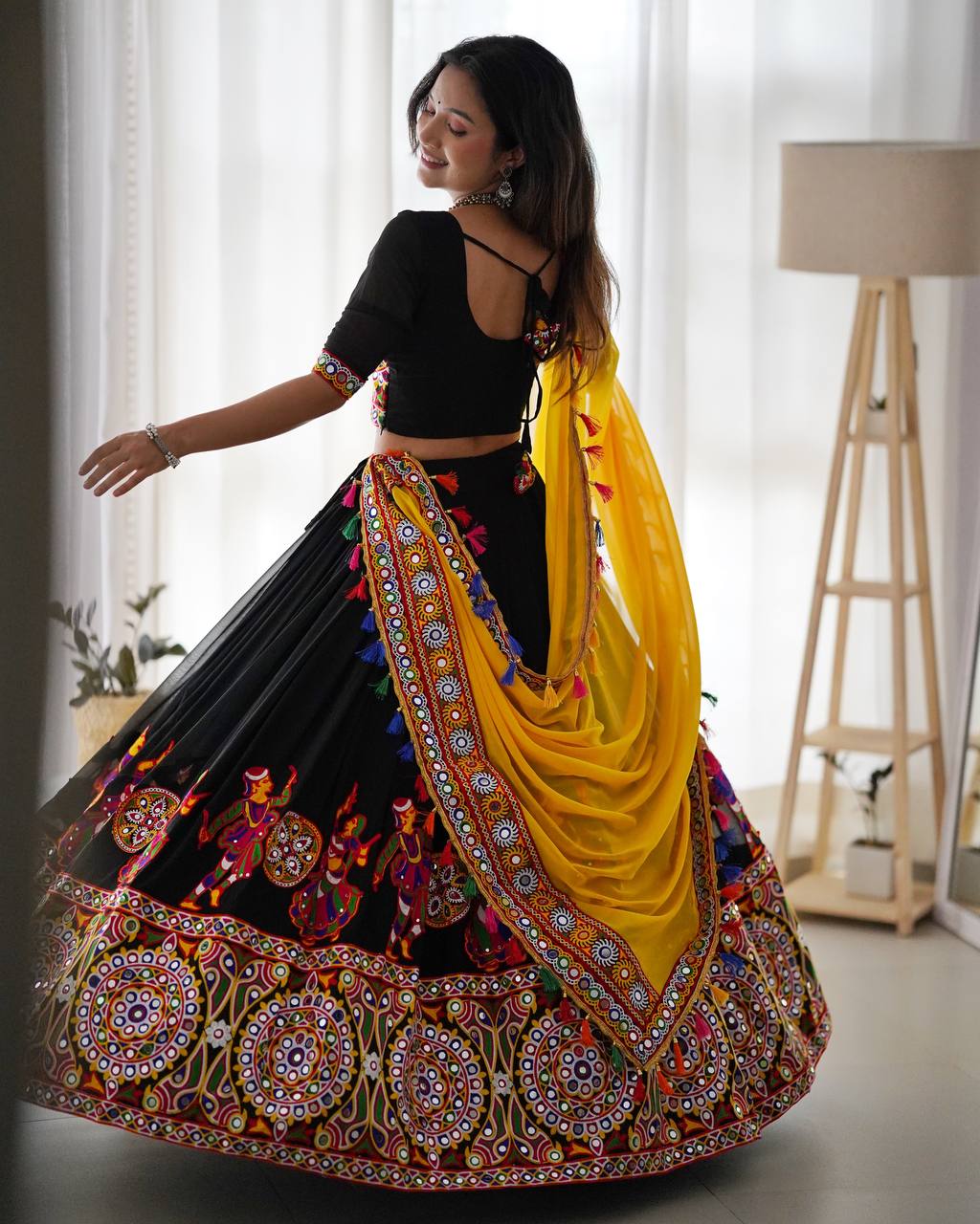 Black Navratri Lehenga Choli with Multicolor Kutchi Embroidery & Yellow Dupatta | Traditional Garba Outfit for Women