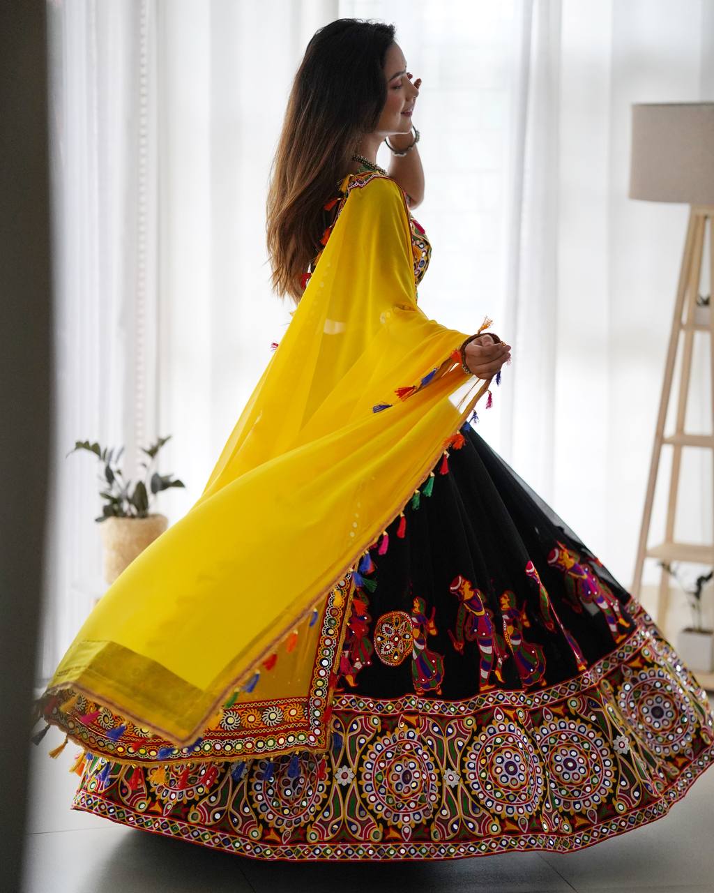 Black Navratri Lehenga Choli with Multicolor Kutchi Embroidery & Yellow Dupatta | Traditional Garba Outfit for Women