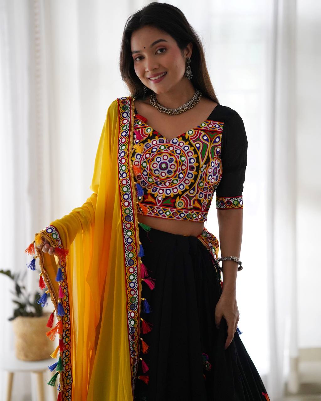 Black Navratri Lehenga Choli with Multicolor Kutchi Embroidery & Yellow Dupatta | Traditional Garba Outfit for Women