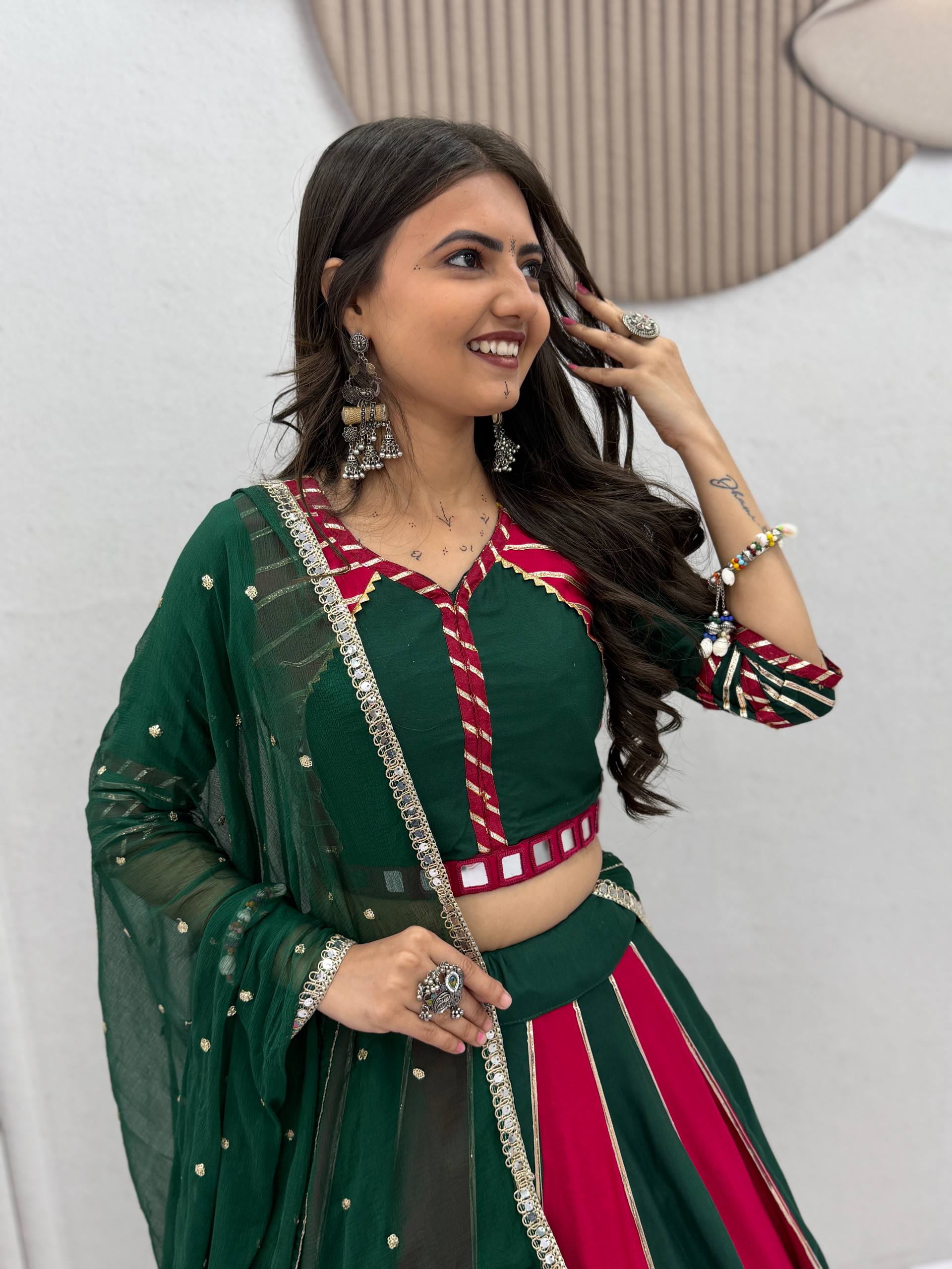 House of Rivanya Emerald Green & Rani Pink Cotton Lehenga Choli Set with Dupatta