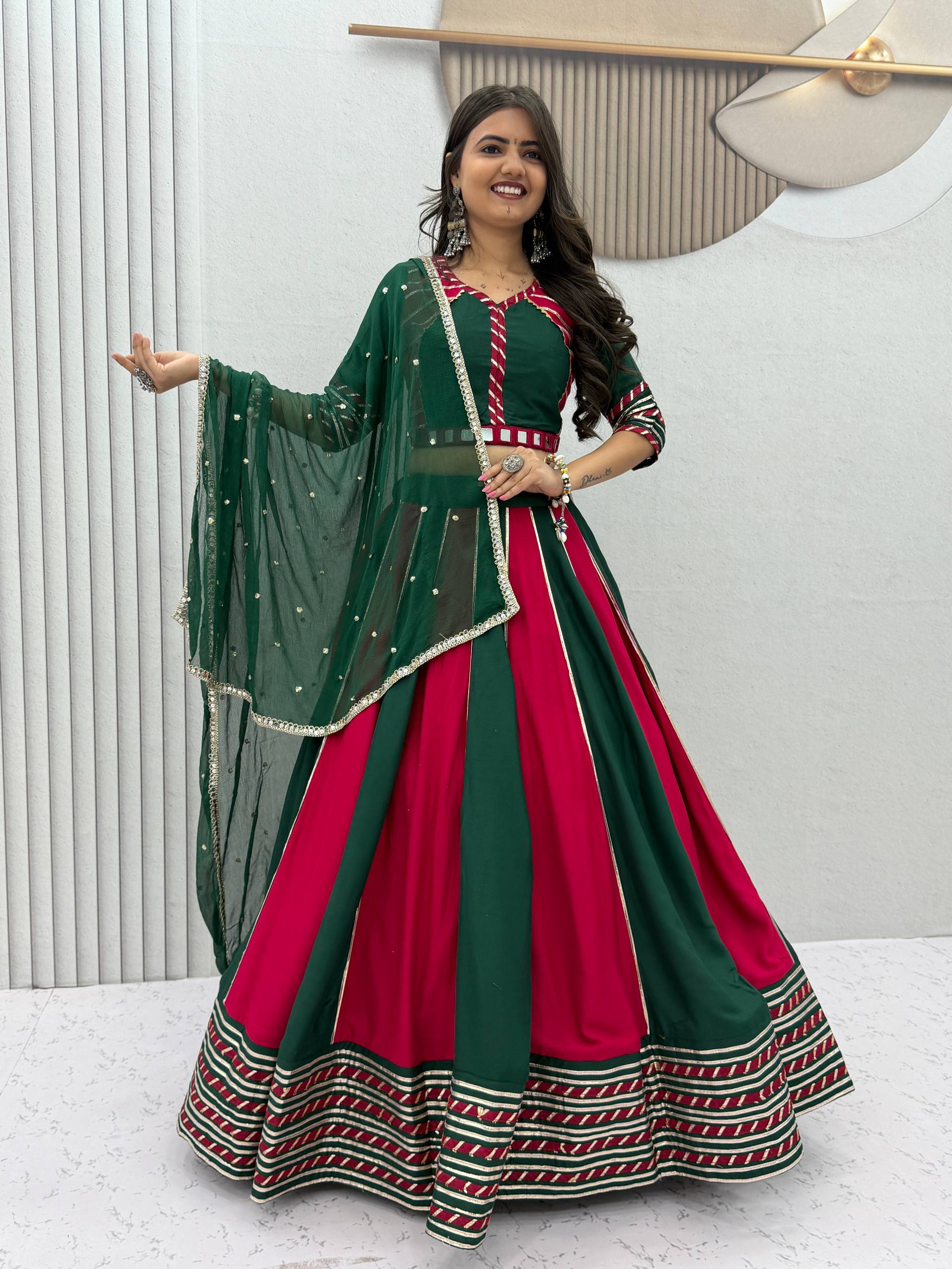 House of Rivanya Emerald Green & Rani Pink Cotton Lehenga Choli Set with Dupatta