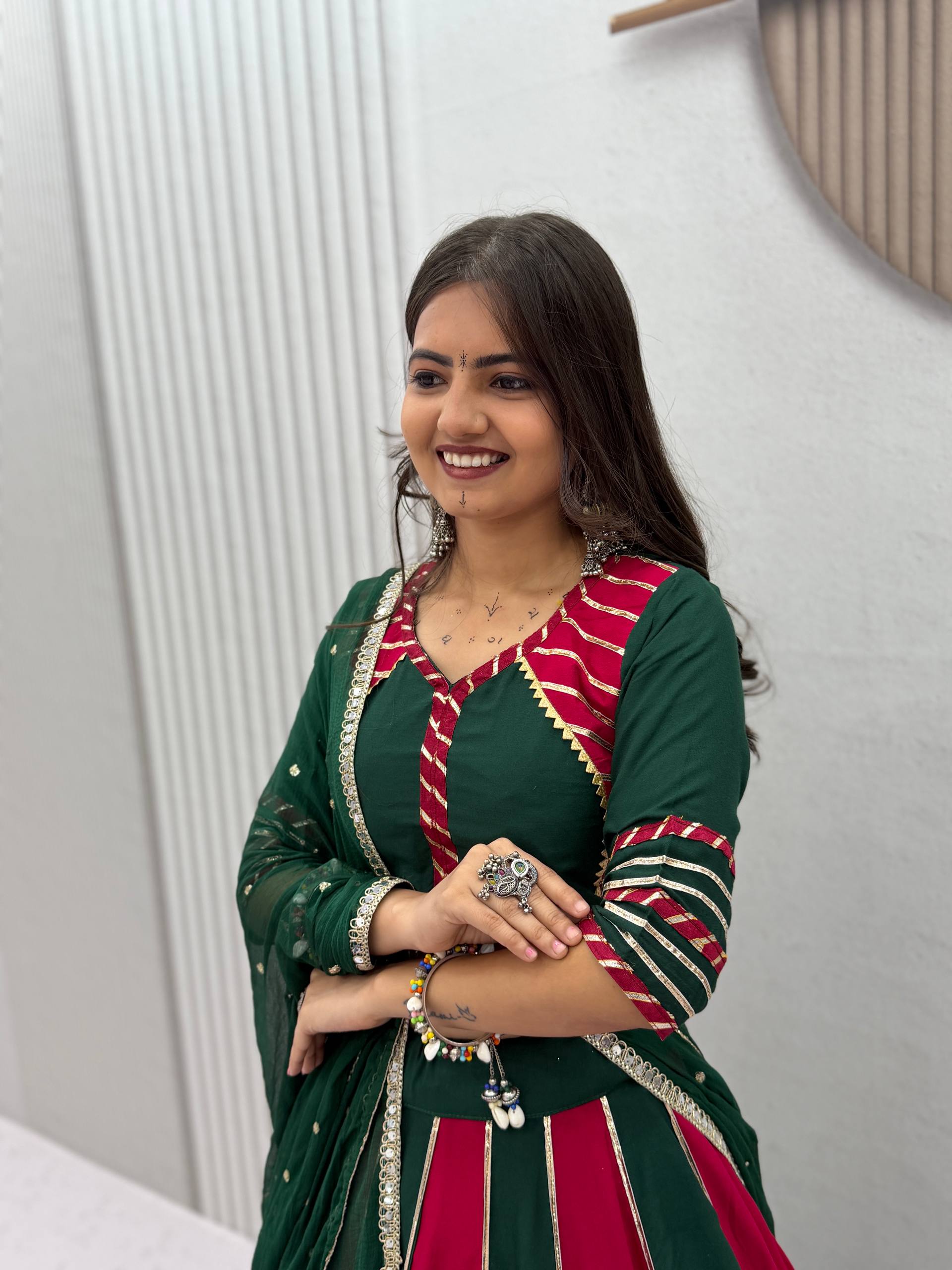House of Rivanya Emerald Green & Rani Pink Cotton Lehenga Choli Set with Dupatta