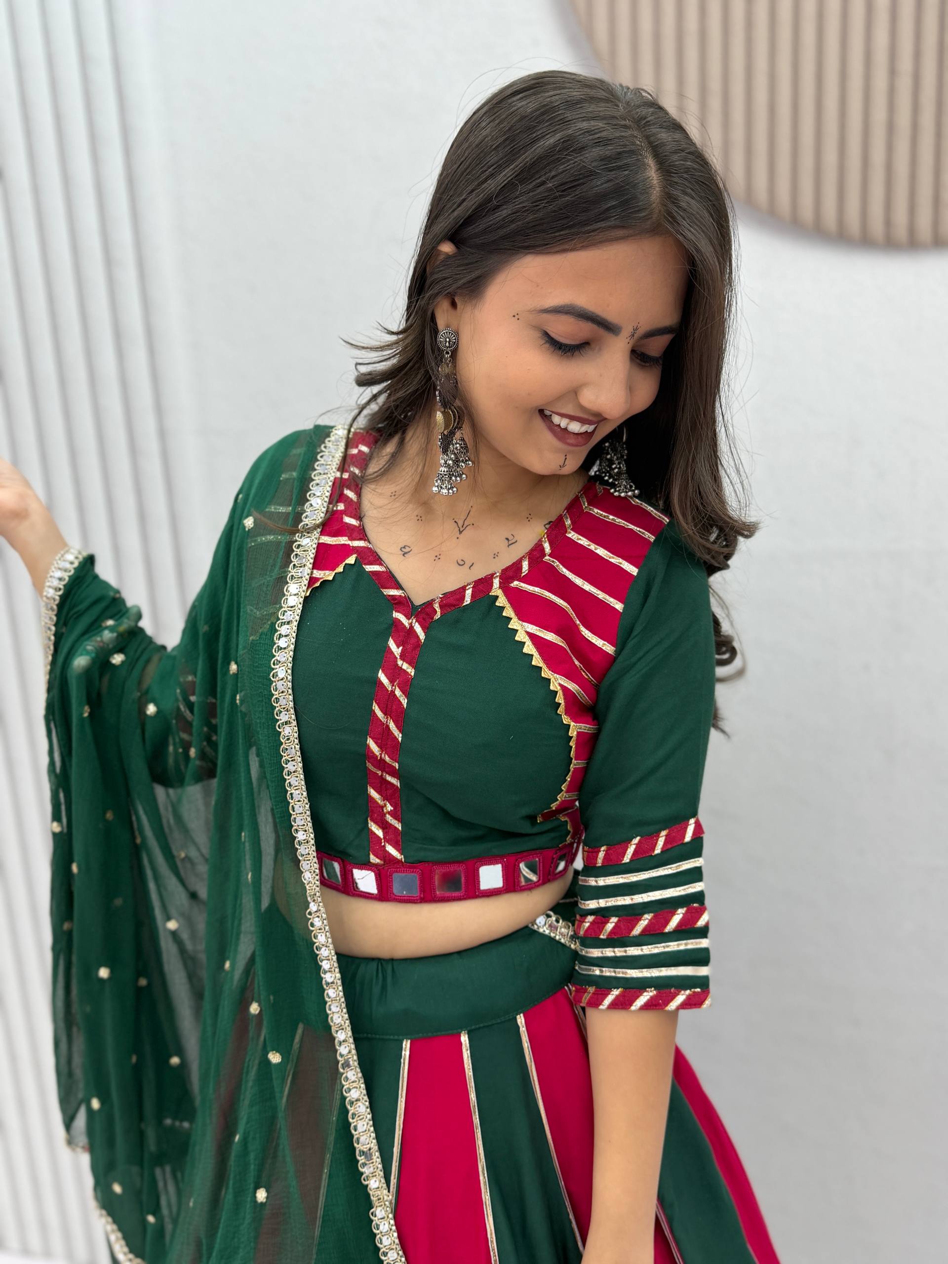 House of Rivanya Emerald Green & Rani Pink Cotton Lehenga Choli Set with Dupatta
