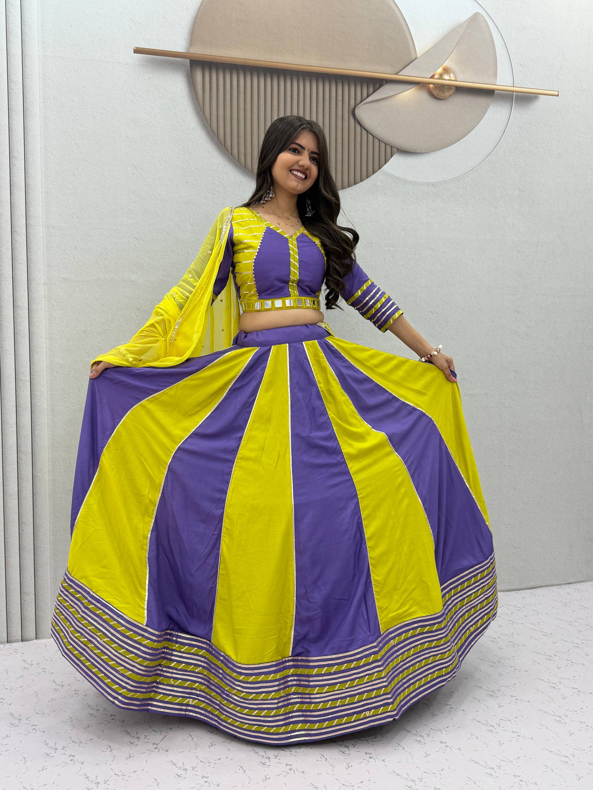 Yellow & Lavender Color Block Cotton Lehenga Choli with Dupatta | Festive & Navratri Wear