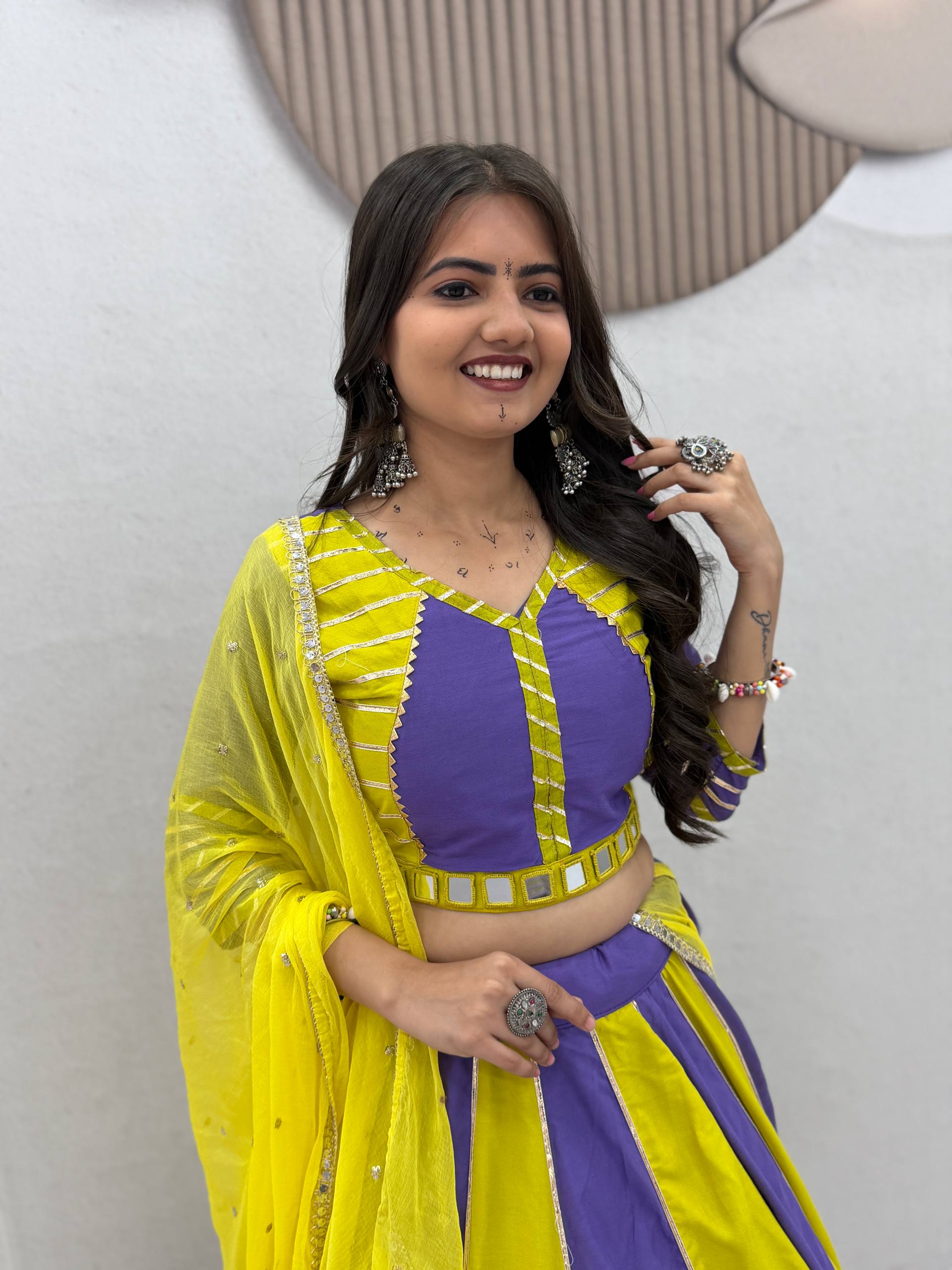 Yellow & Lavender Color Block Cotton Lehenga Choli with Dupatta | Festive & Navratri Wear
