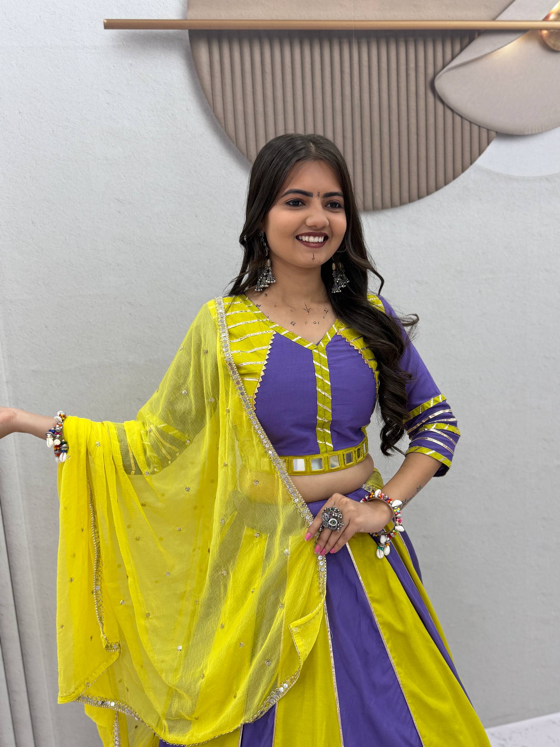 Yellow & Lavender Color Block Cotton Lehenga Choli with Dupatta | Festive & Navratri Wear