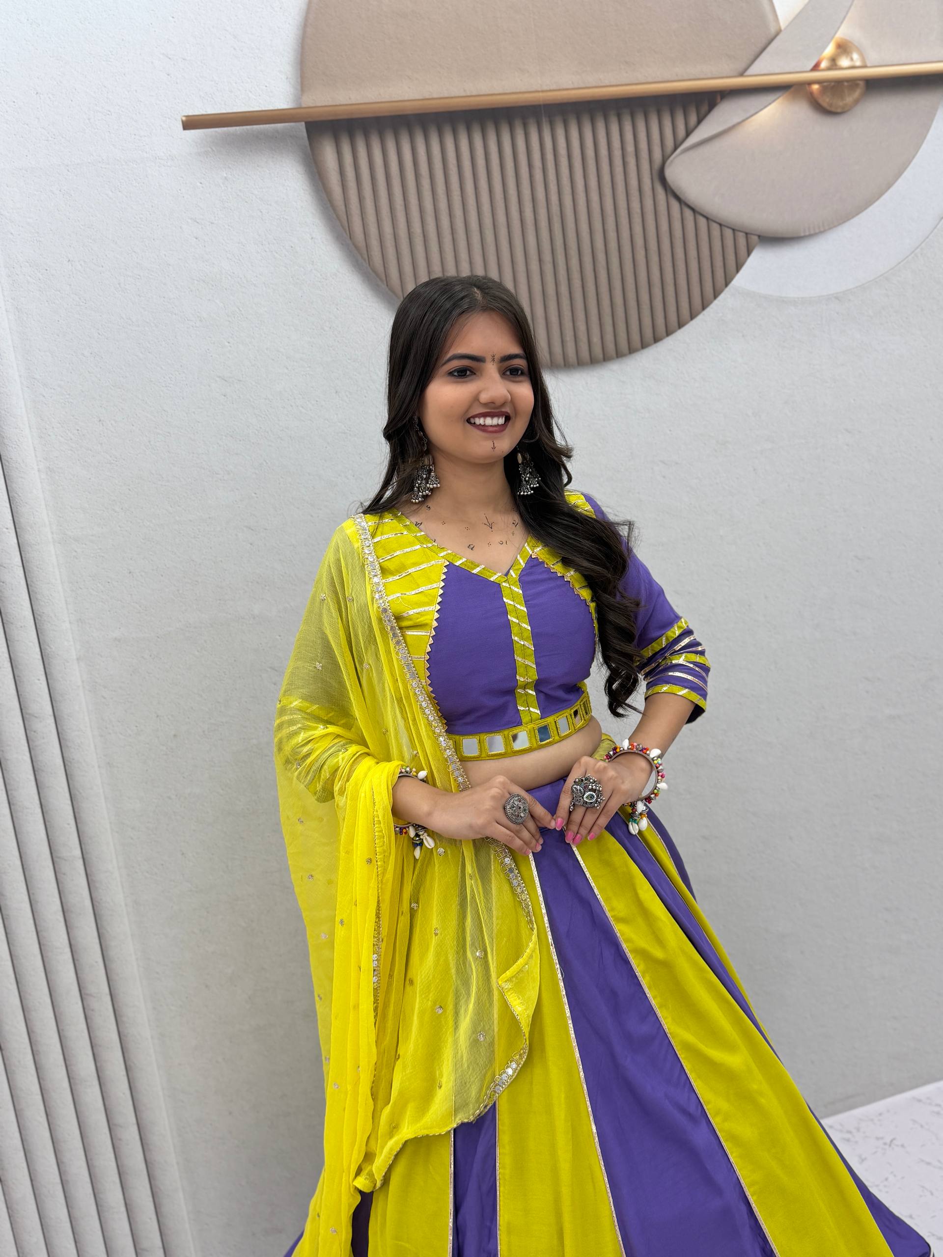 Yellow & Lavender Color Block Cotton Lehenga Choli with Dupatta | Festive & Navratri Wear