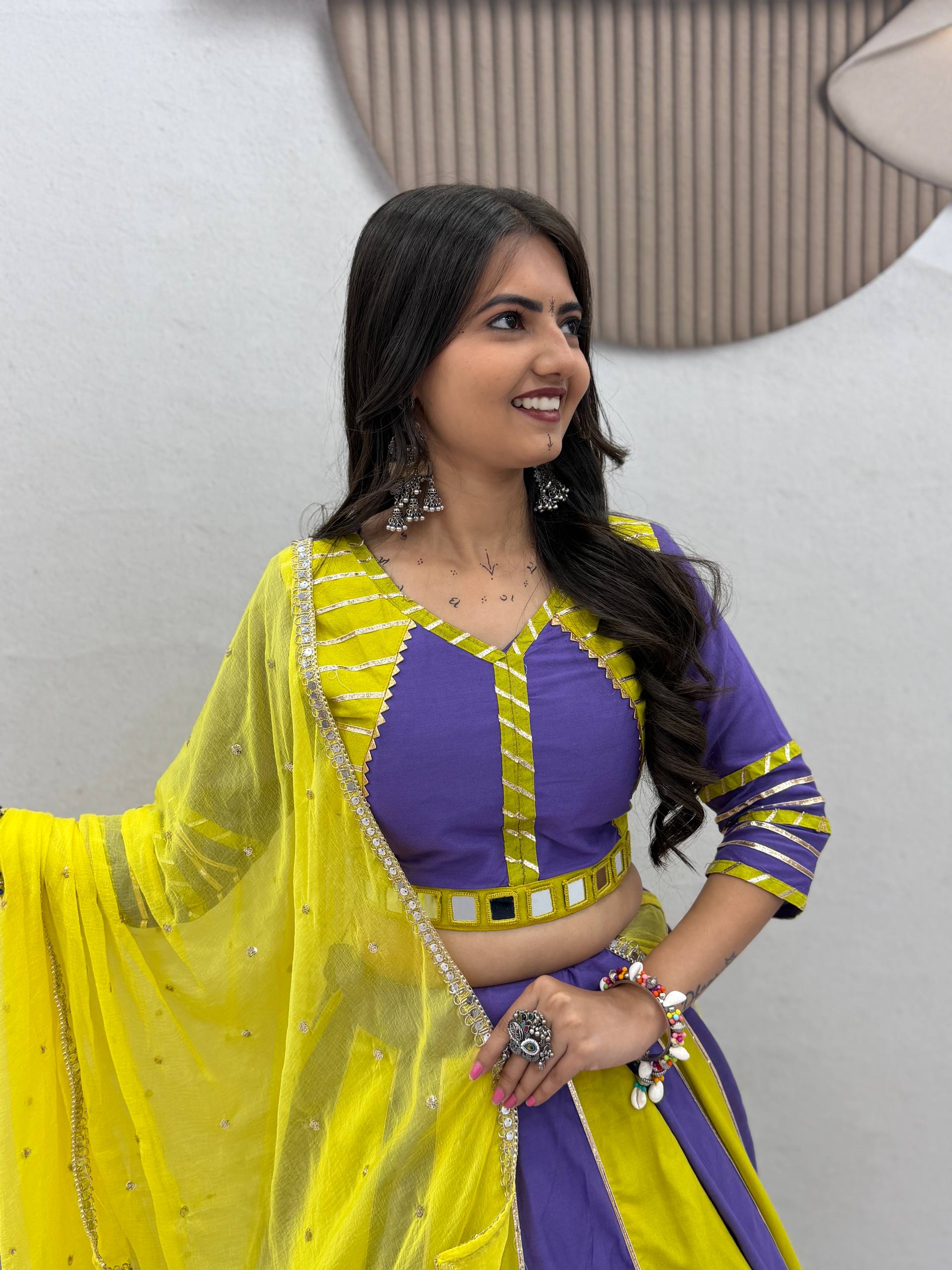 Yellow & Lavender Color Block Cotton Lehenga Choli with Dupatta | Festive & Navratri Wear