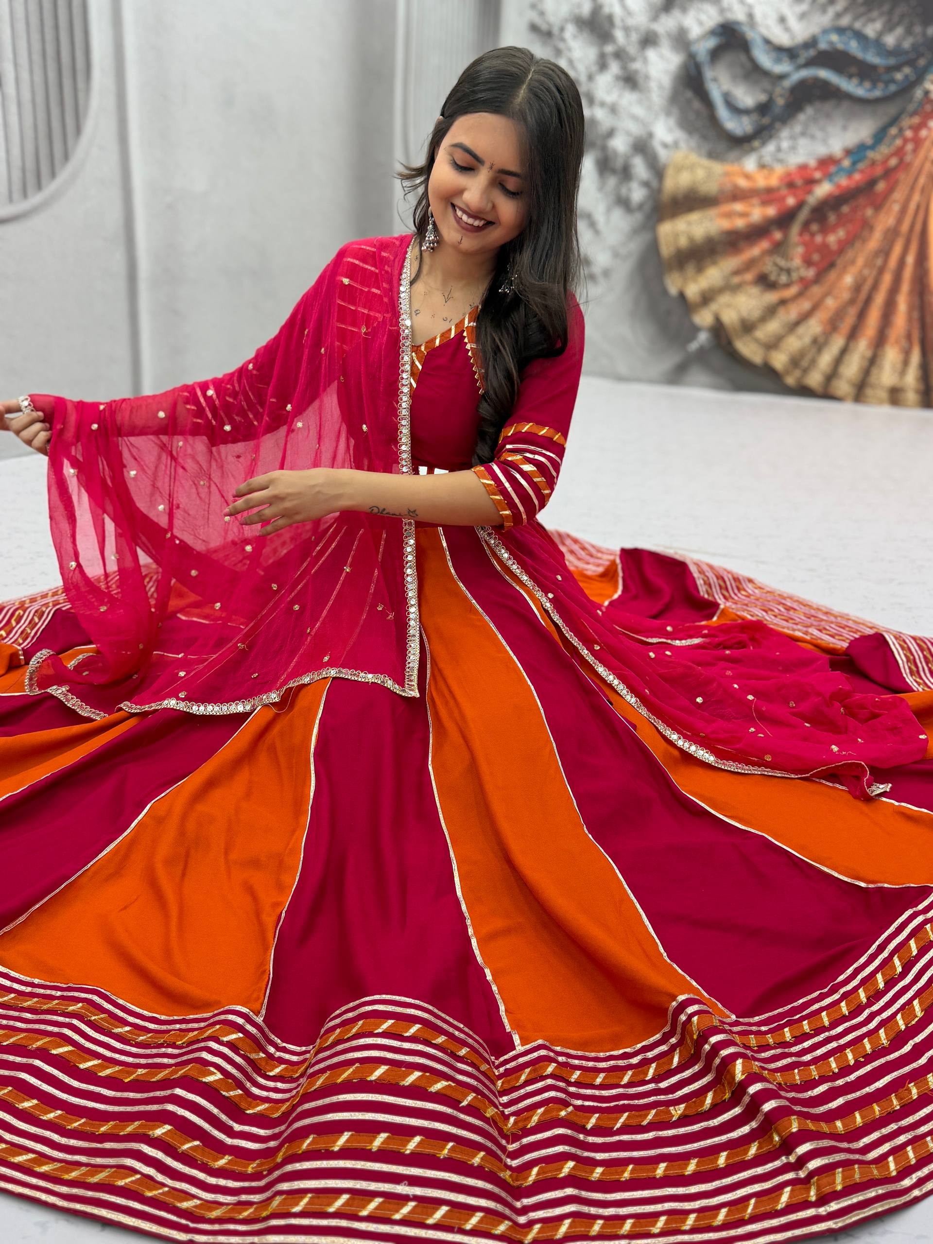 House of Rivanya Rani Pink & Orange Designer Anarkali Gown Set with Embellished Dupatta