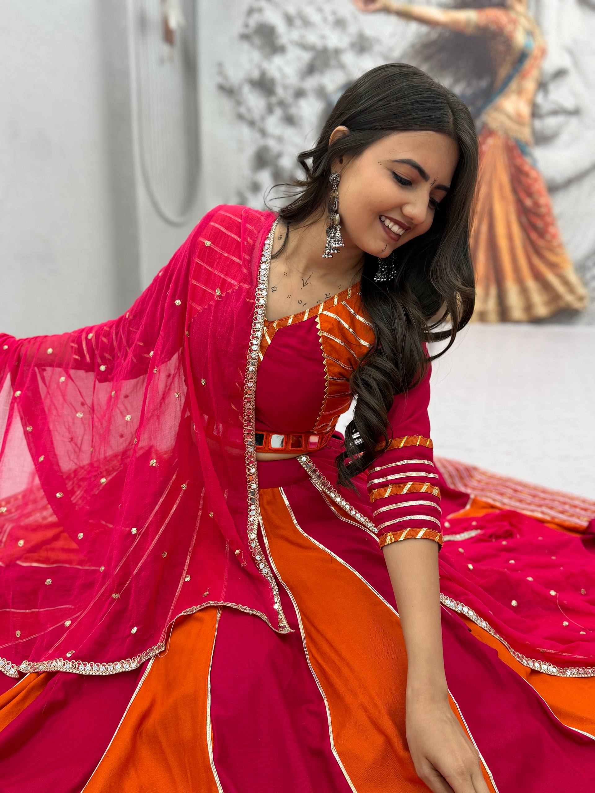 House of Rivanya Rani Pink & Orange Designer Anarkali Gown Set with Embellished Dupatta