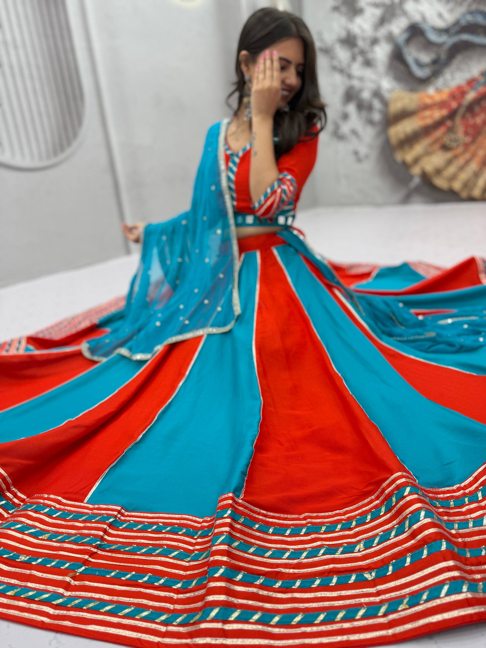 Red & Turquoise Designer Cotton Lehenga Choli with Matching Dupatta | Navratri & Festive Wear