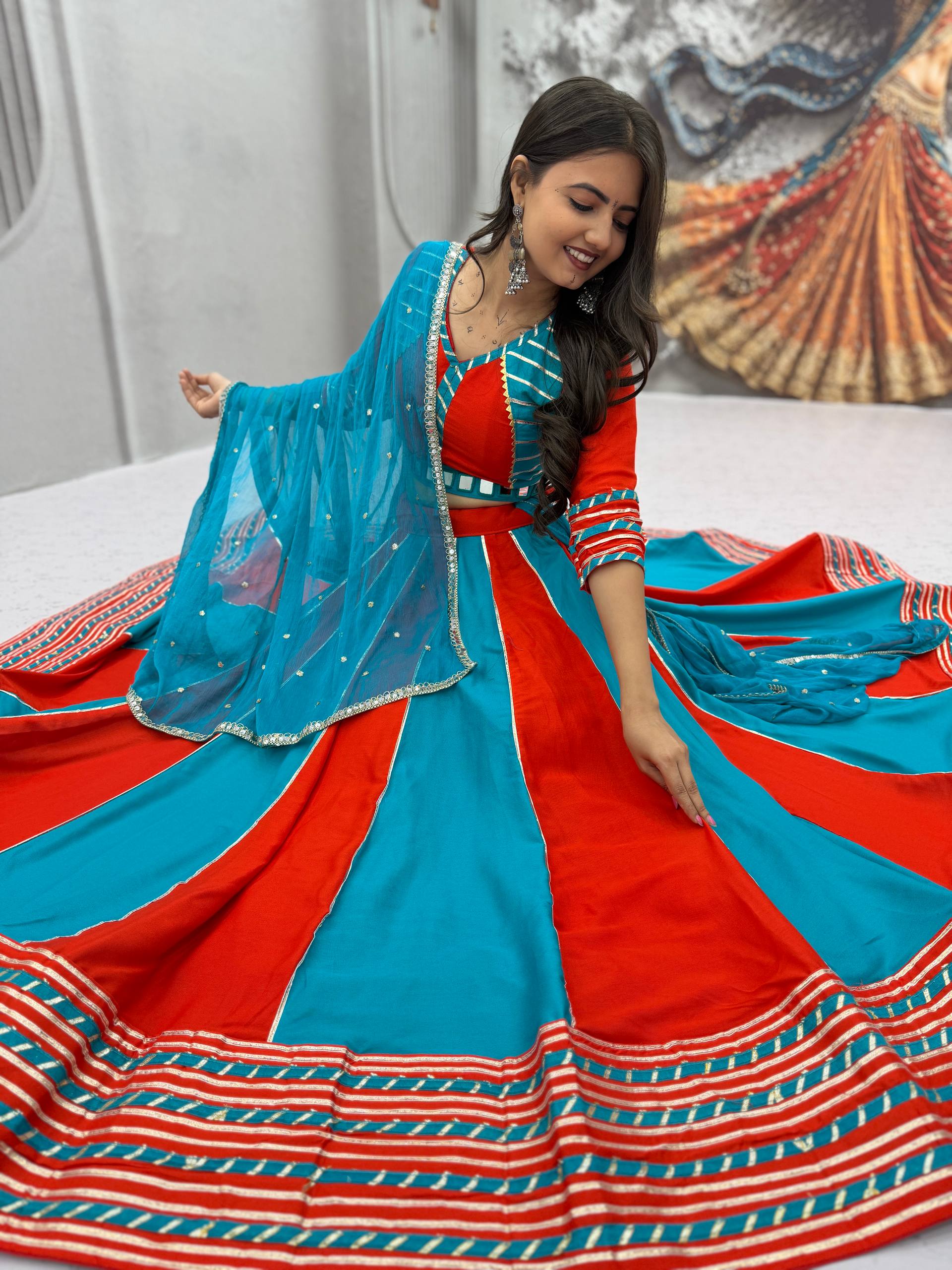 Red & Turquoise Designer Cotton Lehenga Choli with Matching Dupatta | Navratri & Festive Wear