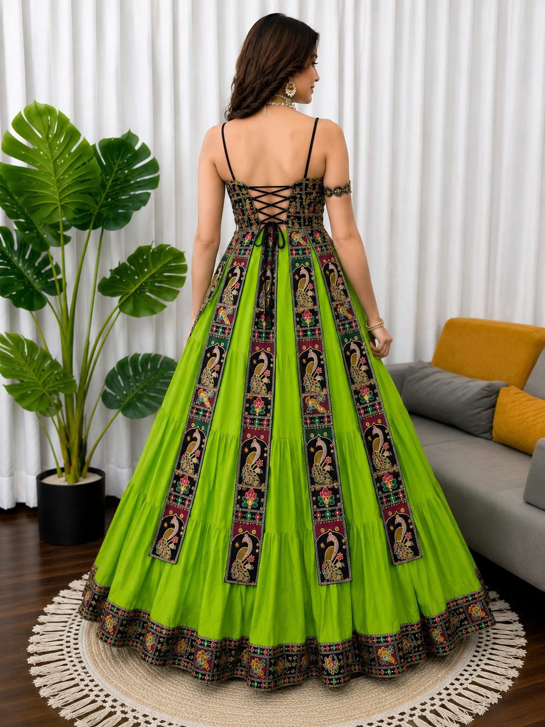 Women's Lime Green Peacock Embroidered Flared Anarkali Gown | Designer Festive & Party Wear Ethnic Dress
