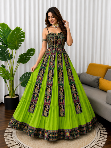Women's Lime Green Peacock Embroidered Flared Anarkali Gown | Designer Festive & Party Wear Ethnic Dress