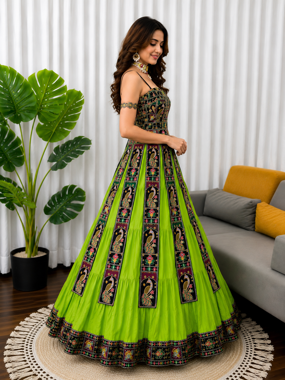 Women's Lime Green Peacock Embroidered Flared Anarkali Gown | Designer Festive & Party Wear Ethnic Dress