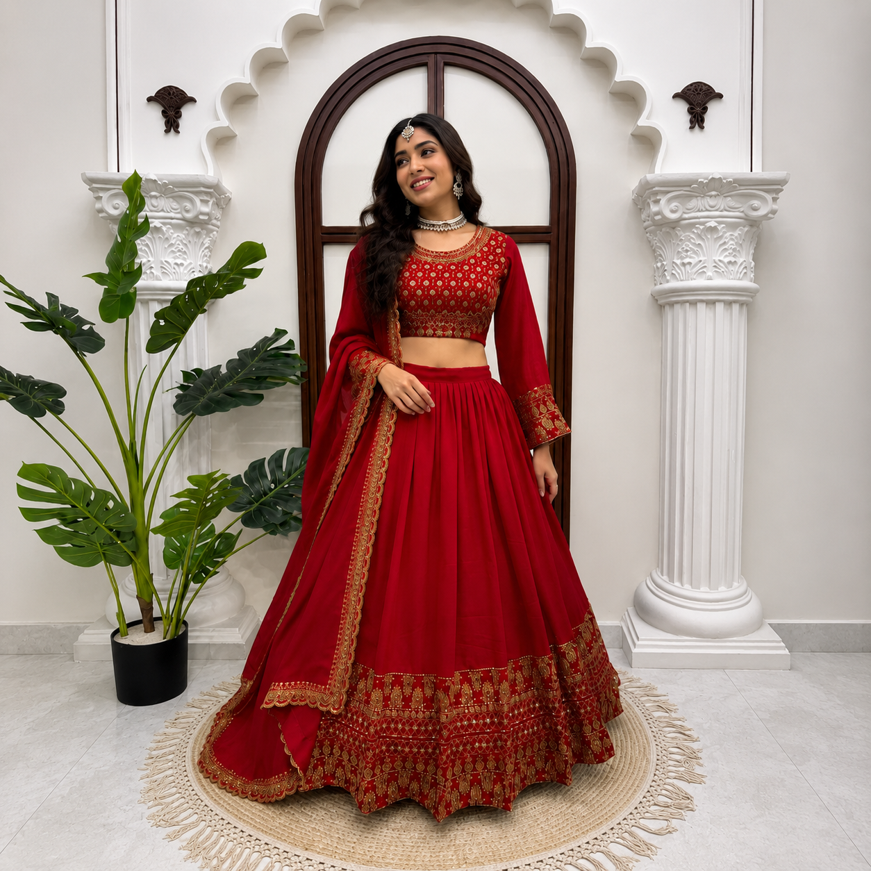 Royal Red Vichitra Silk Lehenga Choli Set | Thread & Sequence Embroidery | Wedding & Festive Wear