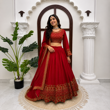 Royal Red Vichitra Silk Lehenga Choli Set | Thread & Sequence Embroidery | Wedding & Festive Wear