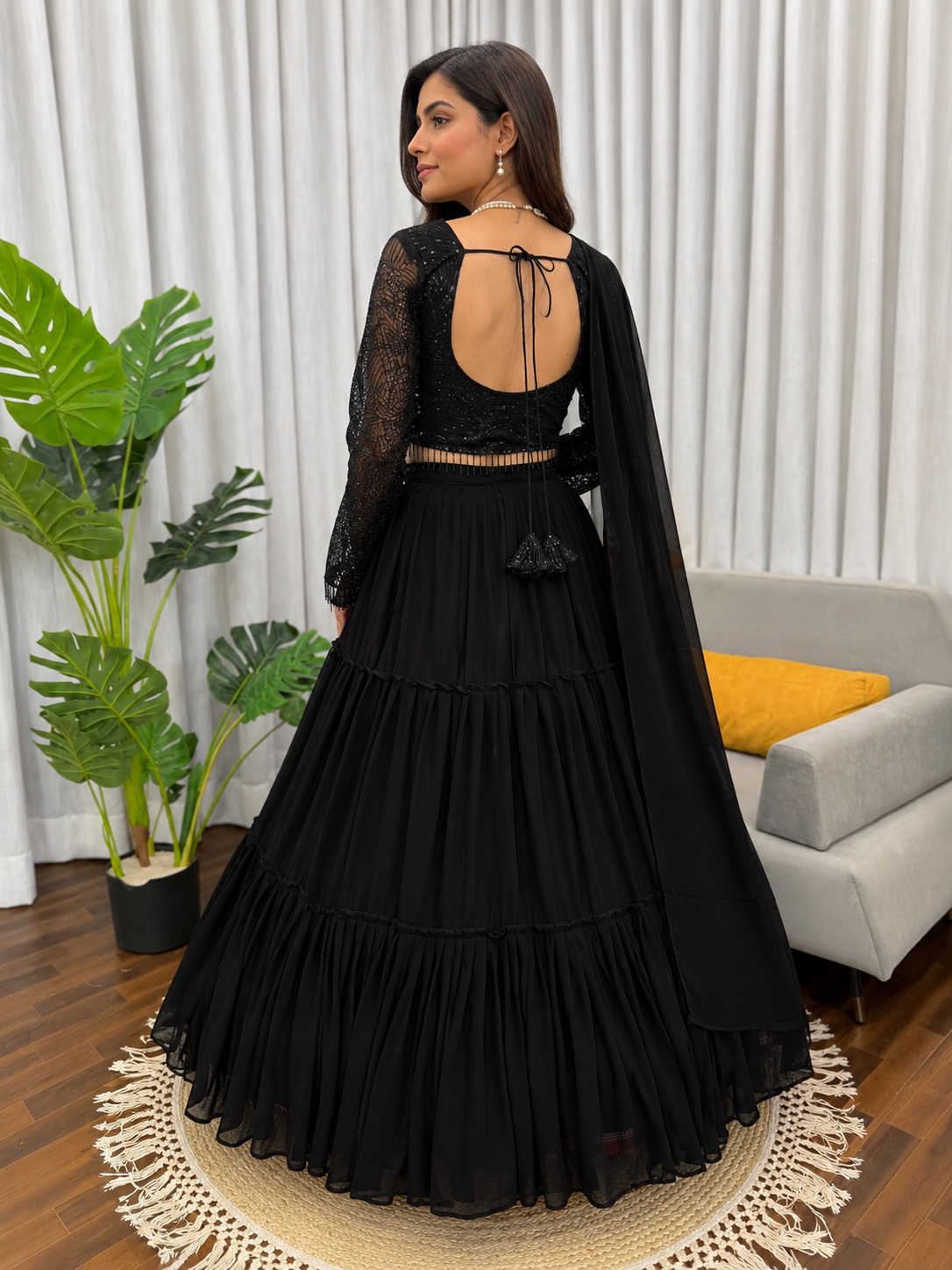 Designer Black Sequin Embroidered Georgette Lehenga Choli Set with Full Sleeve Blouse & Dupatta | Party Wear Wedding Lehenga